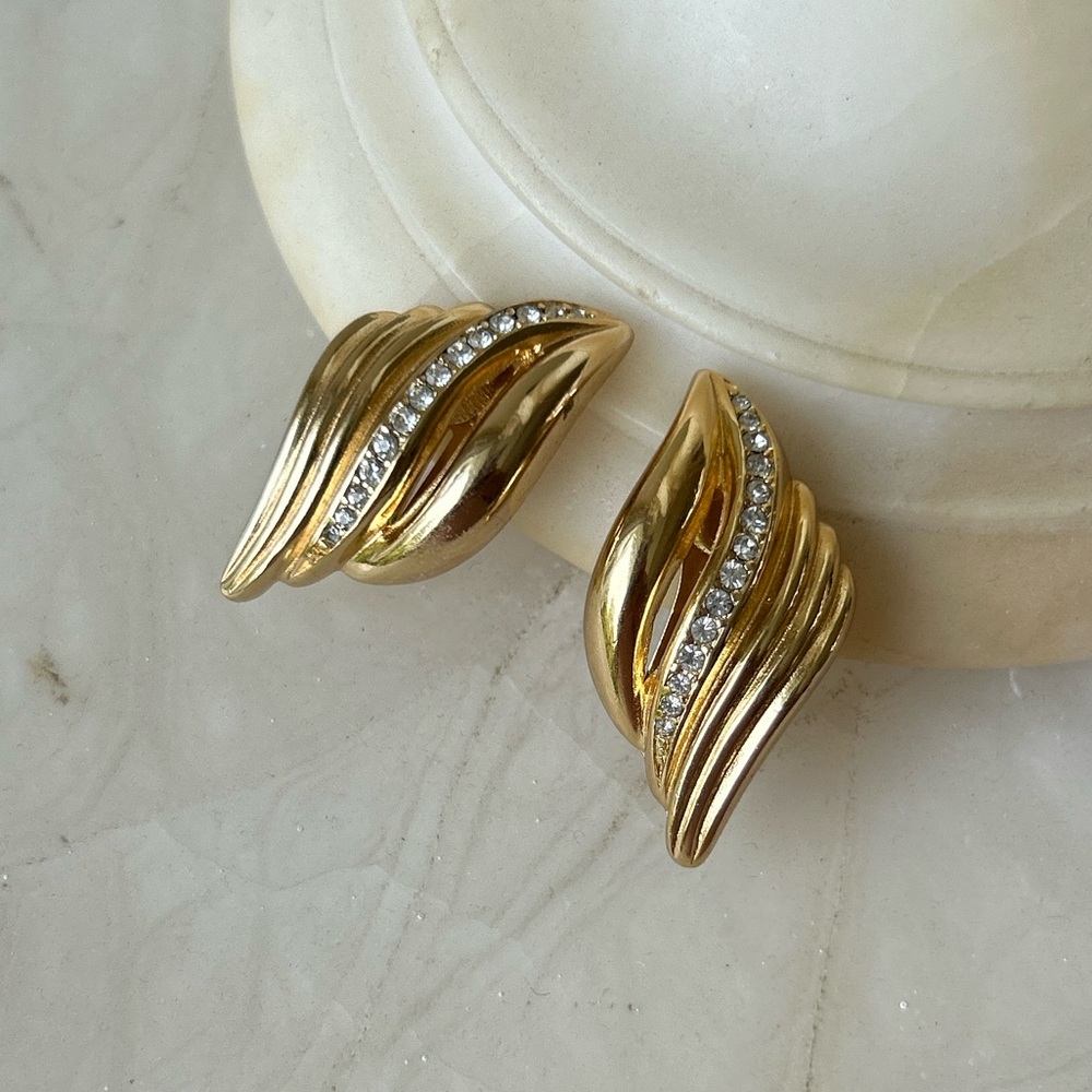Christian Dior Vintage 80s Goldtone Modernist Large Wing Crystal Clip Earrings